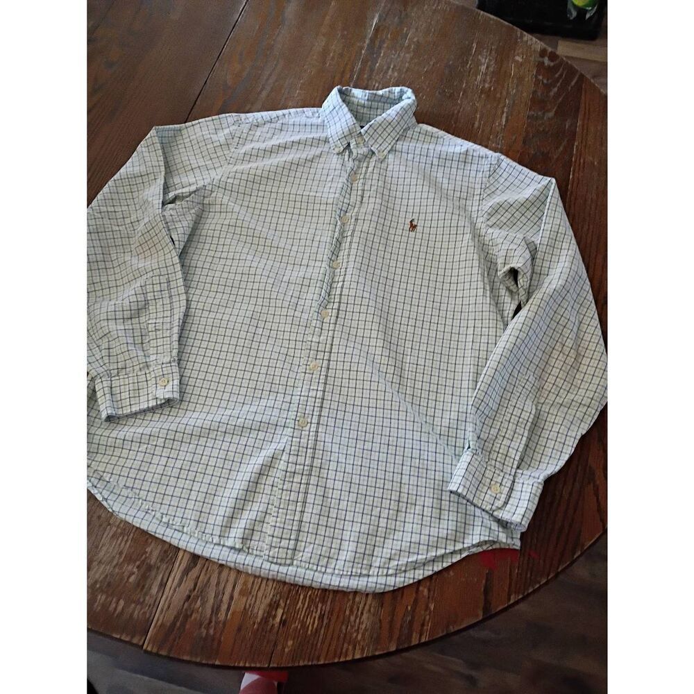Large Ralph Lauren White Blue Green Plaid Long Sleeve Button Front Dress Shirt